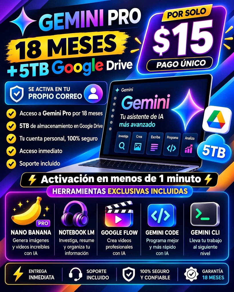 Gemini Pro (IA Studio + 5 Tb + Notebook + Flow)